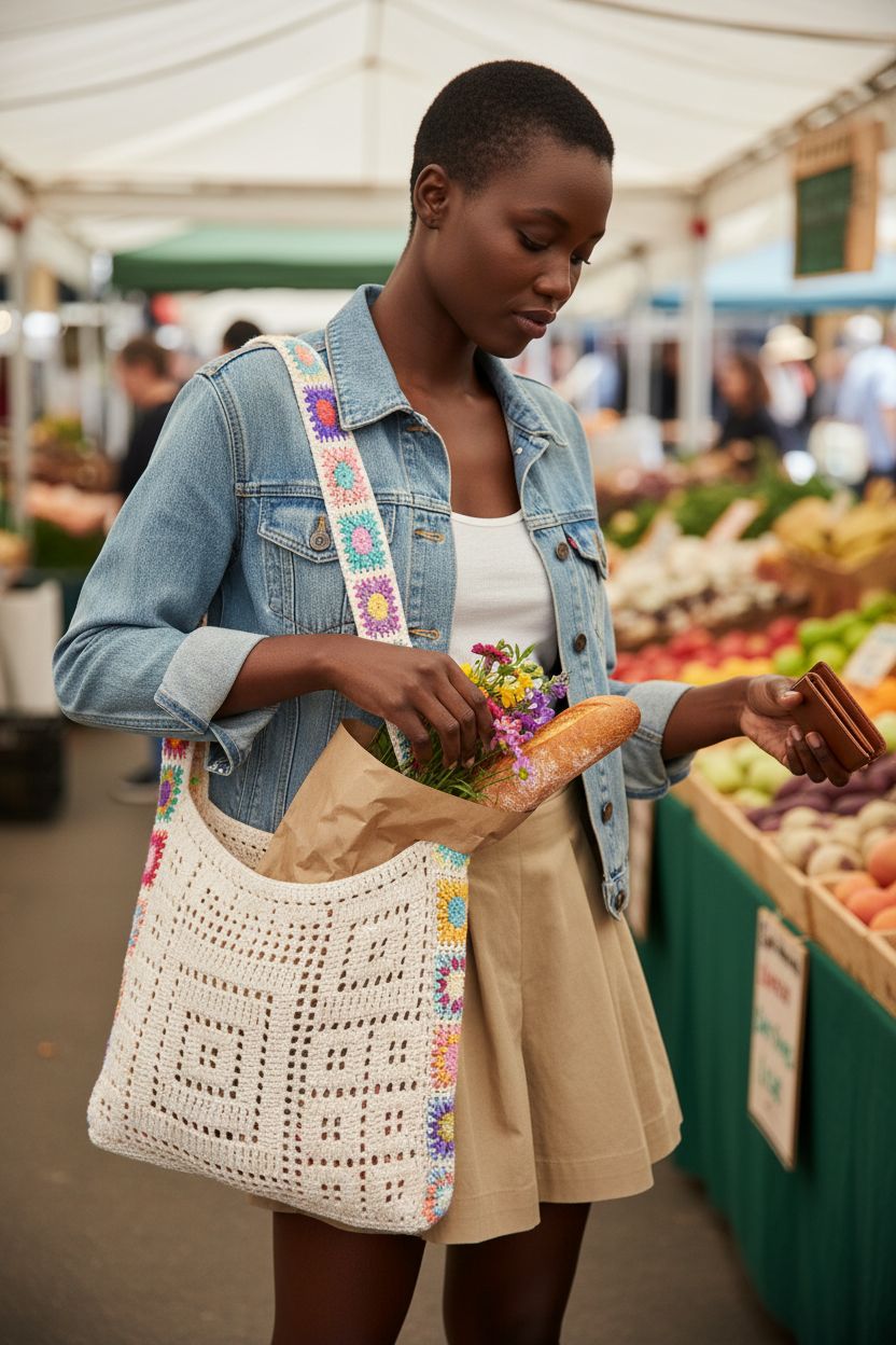 Babelshar off-white crochet beach tote bag at a farmers' market, showcasing generous mesh design.