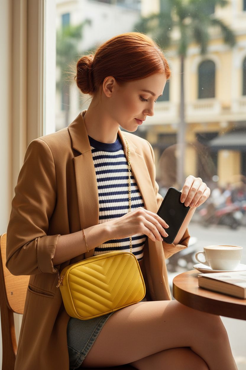 Compact yellow purse by Generic, featuring gold chain and zipper, ideal for café outings