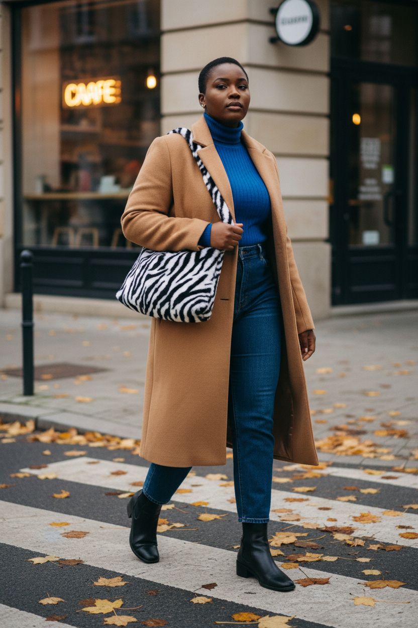 KPX zebra print purse brightens autumn sidewalk, pairing well with seasonal fashion and vibrant leaves.