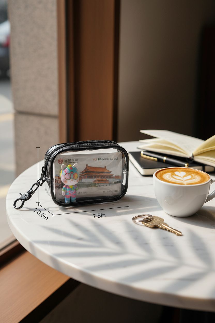 Tweruna mini clear pouch beside a cappuccino, ideal for organizing small items.