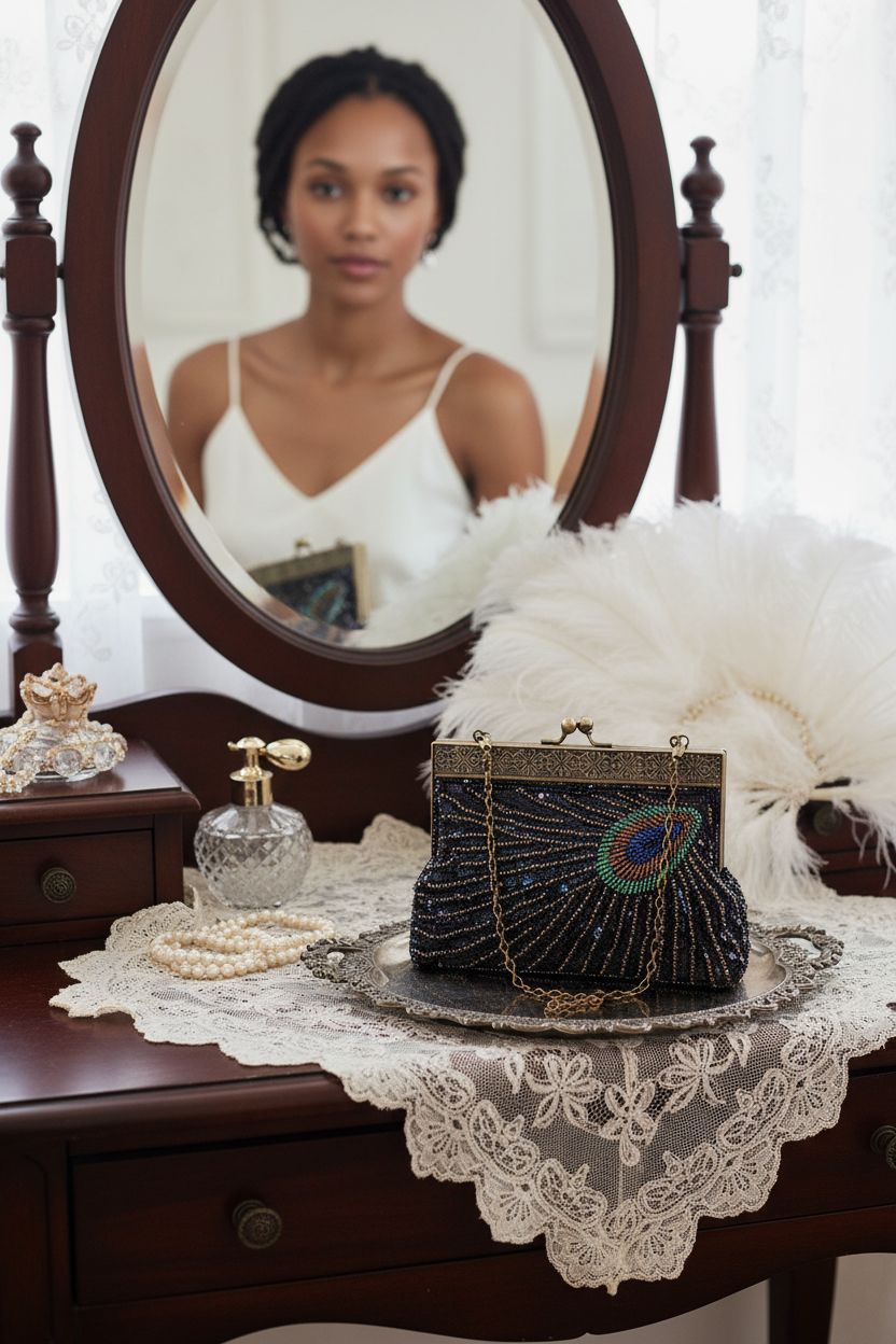 Beautiful BABEYOND 1920s purse with peacock beadwork on a vanity table.