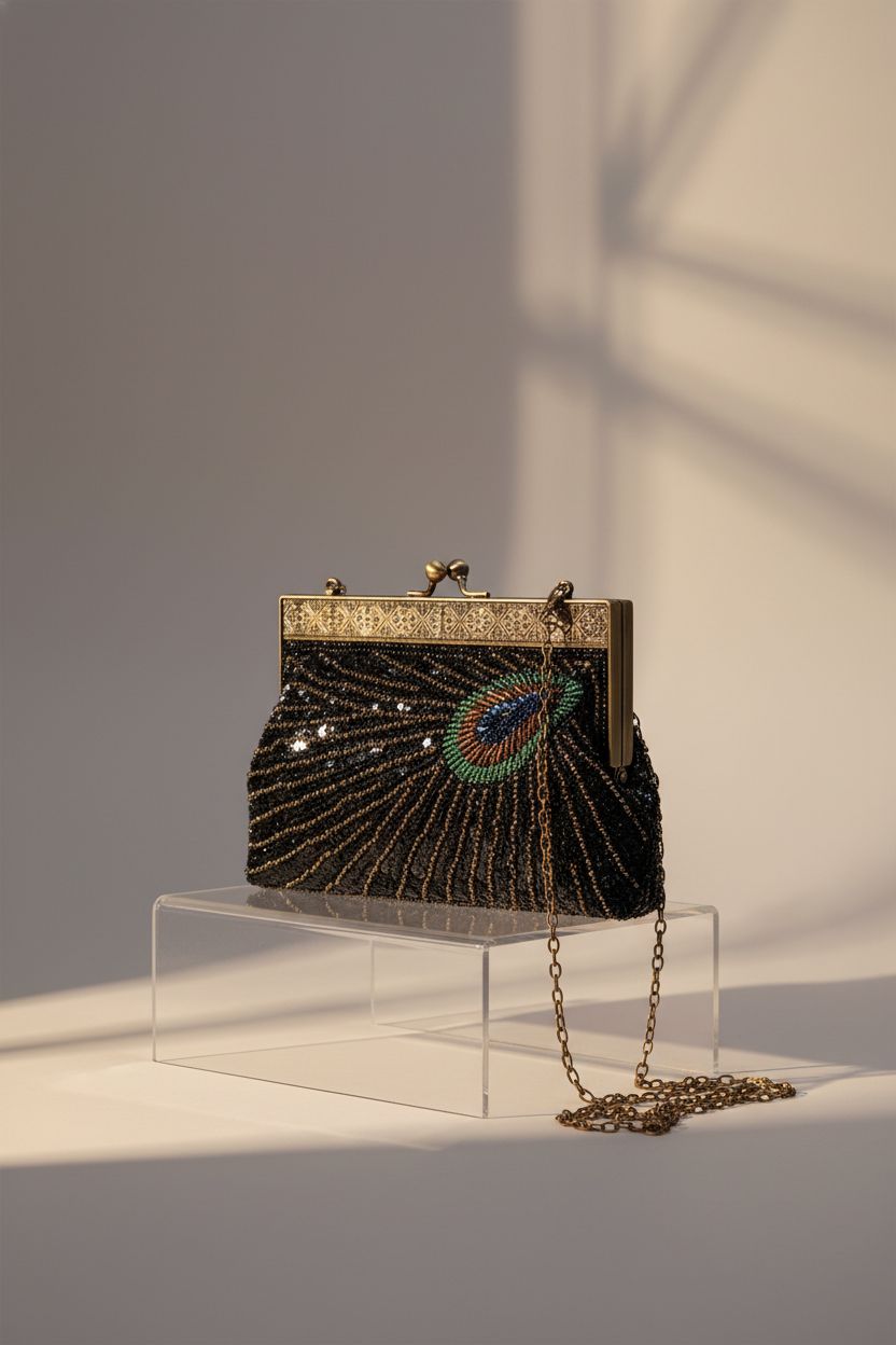 Detailed view of BABEYOND 1920s flapper clutch with chains on display.
