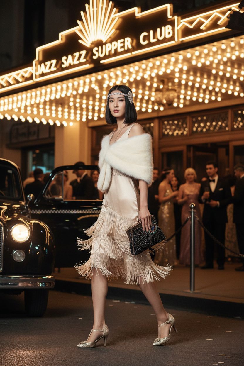 Chic BABEYOND 1920s peacock clutch held outside a jazz supper club.