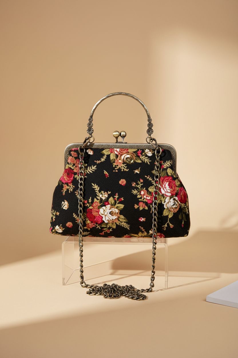 Product shot of Abuyall black floral kiss-lock purse, highlighting its elegant design and craftsmanship.