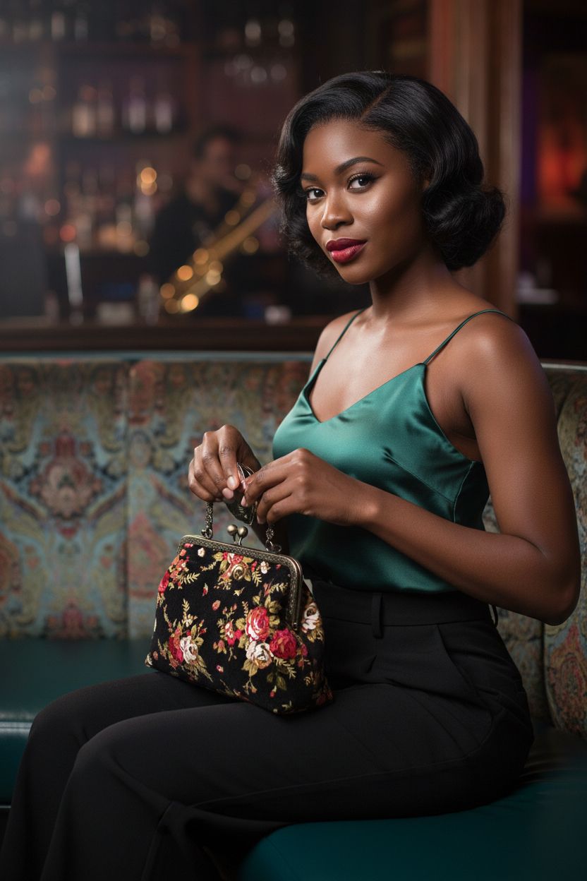 Abuyall vintage kiss-lock purse in a jazz lounge, perfect for evening outings and stylish gatherings.