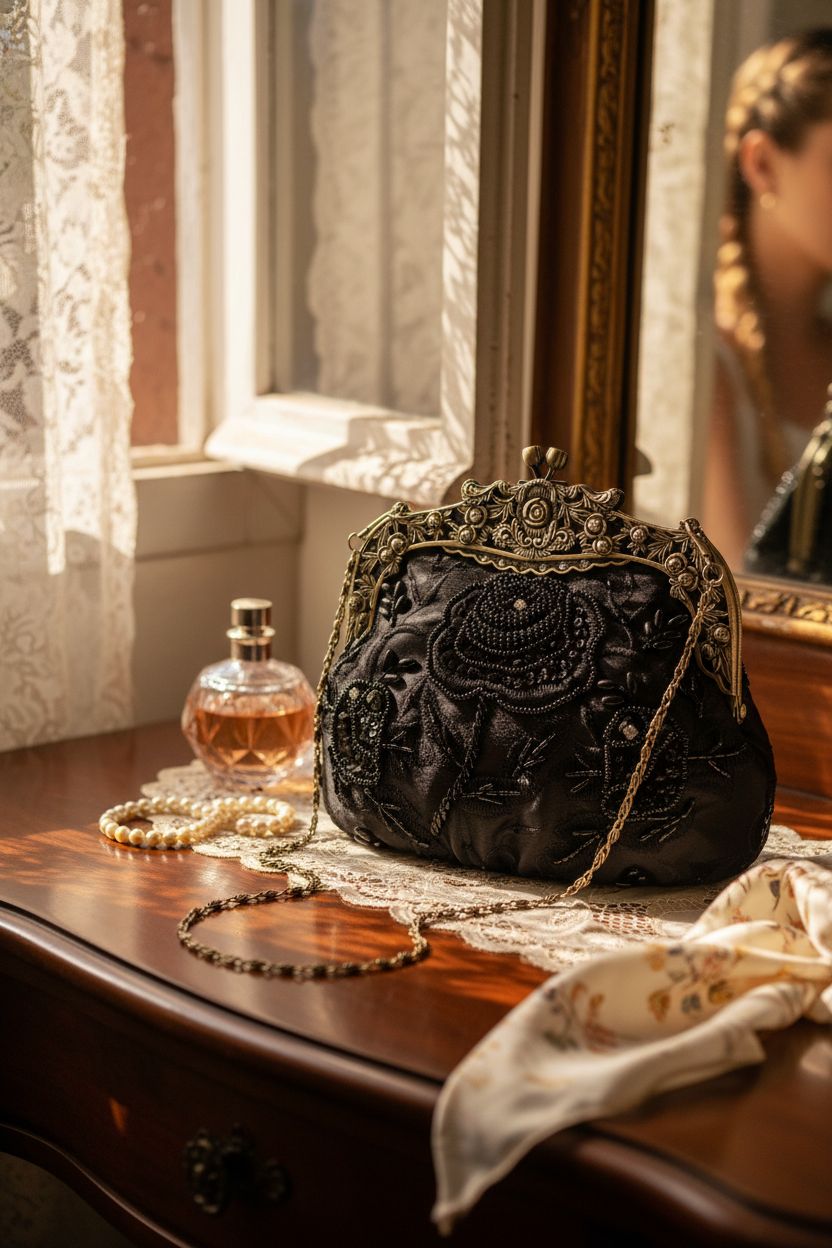 HeiDmai black satin handbag resting on a vintage vanity, embodying 1940s sophistication