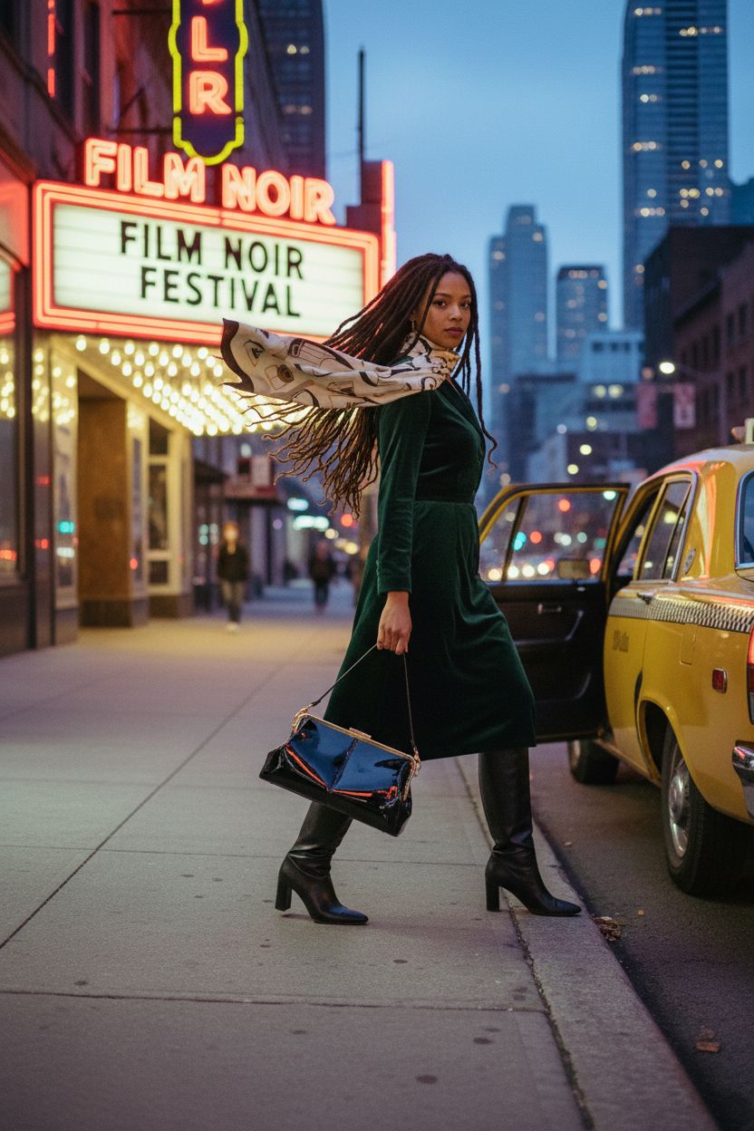 MICOM black patent leather handbag swinging from a top handle, capturing a vibrant retro cinema evening vibe.