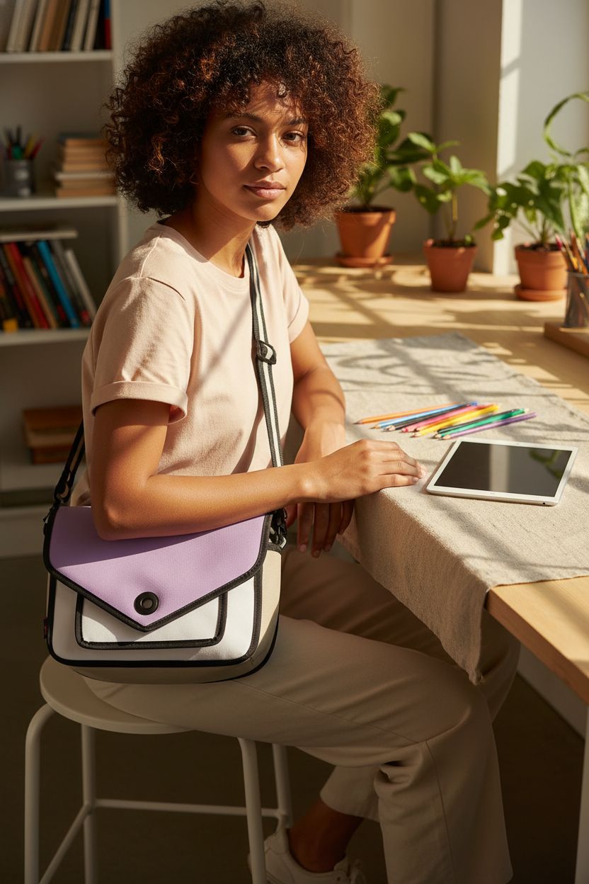 Xugq66 3D Cartoon Handbag with purple flap, perfect for creative spaces and casual settings.