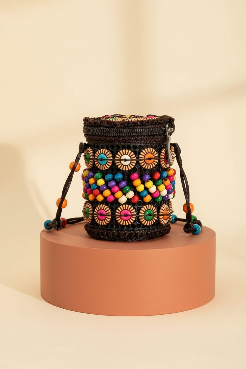 Product shot of sunaeset's crochet beaded purse on terracotta pedestal, highlighting its stylish details.