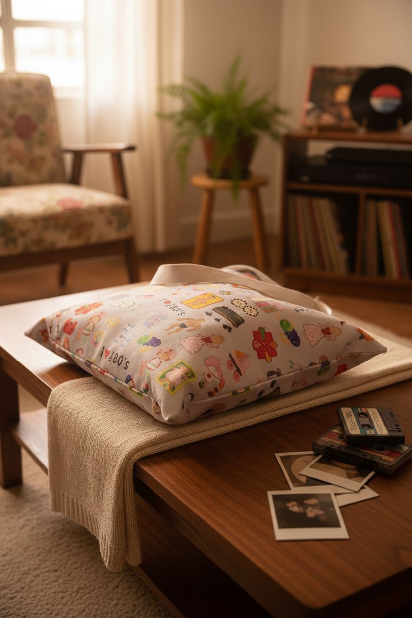 Cozy living room scene with BLUPARK 80s tote bag on coffee table, evoking a warm nostalgic vibe.