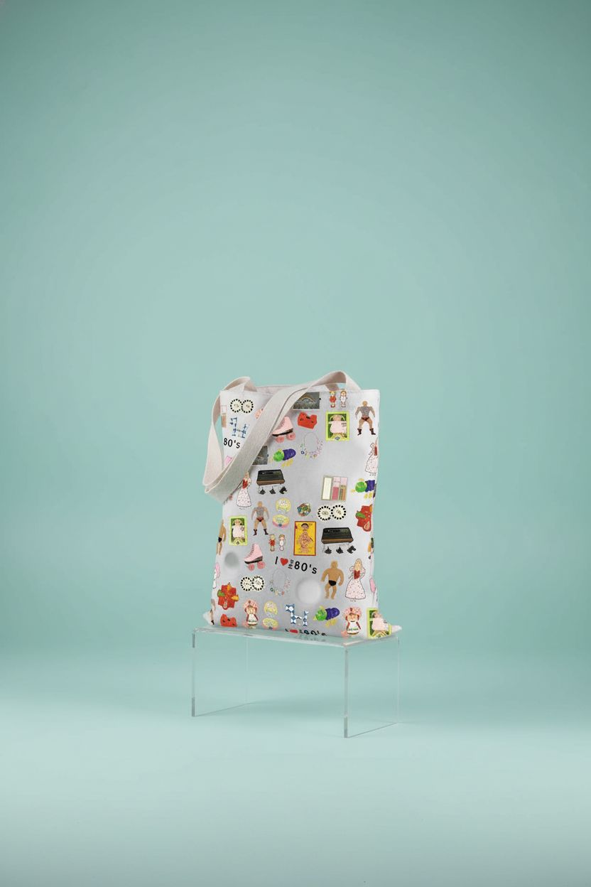 BLUPARK light-grey 80s tote bag showcased on acrylic block, highlighting its sleek design and quality.