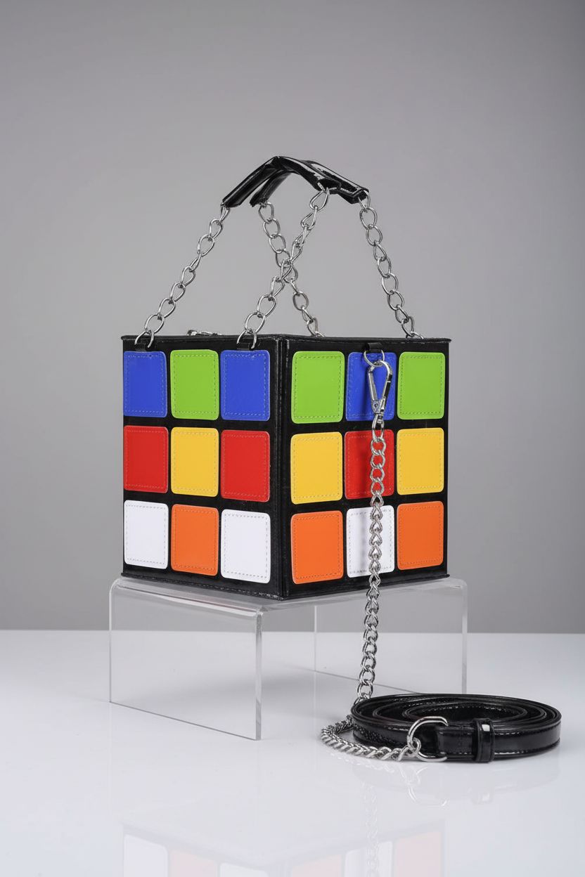 Detailed view of QZUnique cube handbag highlighting stitching and chrome chain on neutral background.