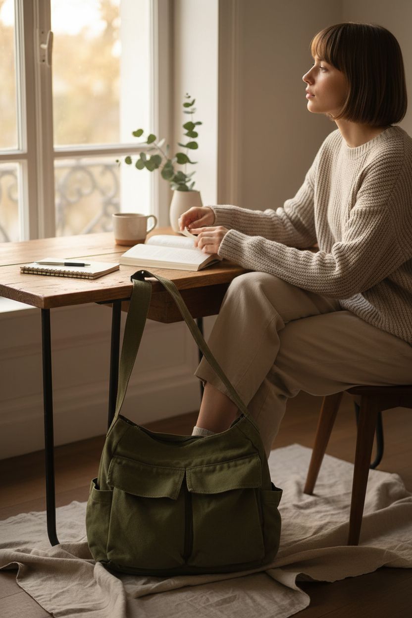 Cozy study nook featuring GAXOS vintage green canvas bag, warm morning light and decor