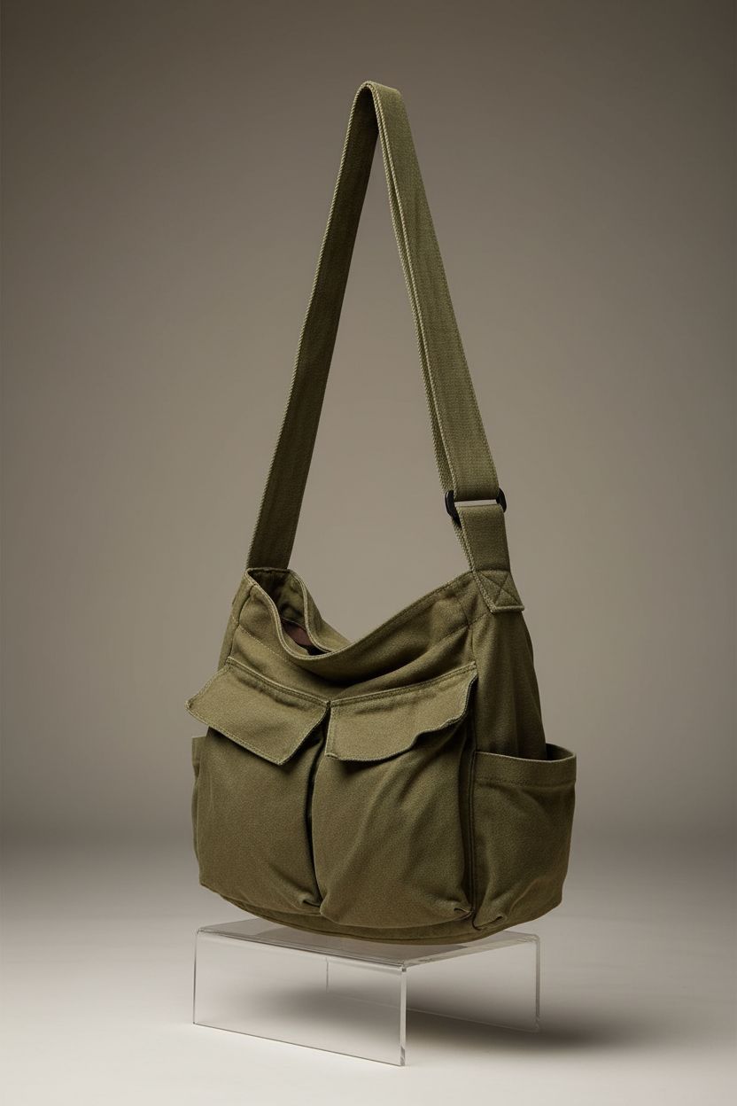 GAXOS vintage green canvas bag showcased on clear acrylic riser, emphasizing its features