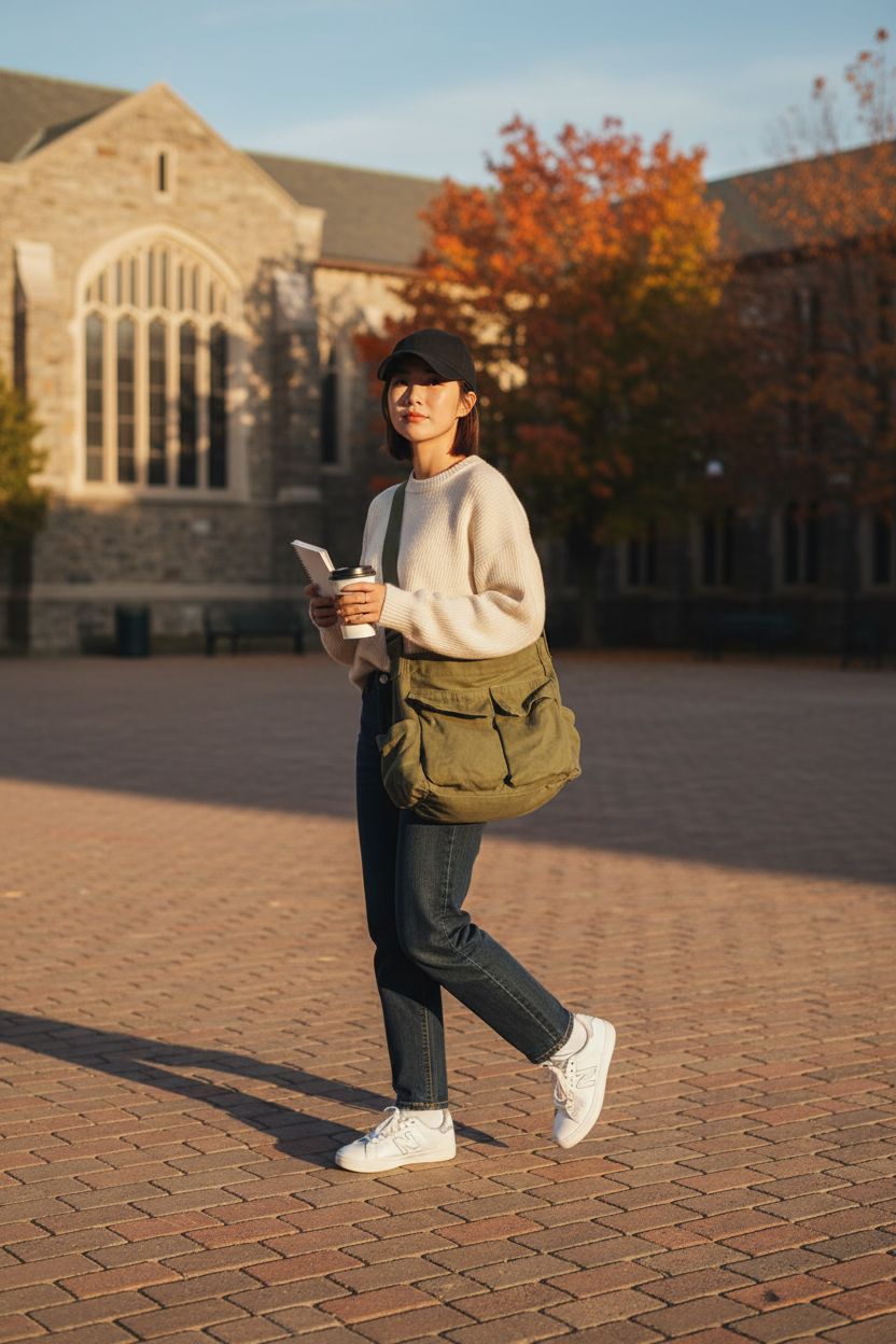 GAXOS vintage green canvas crossbody bag, stylishly worn on campus during golden hour
