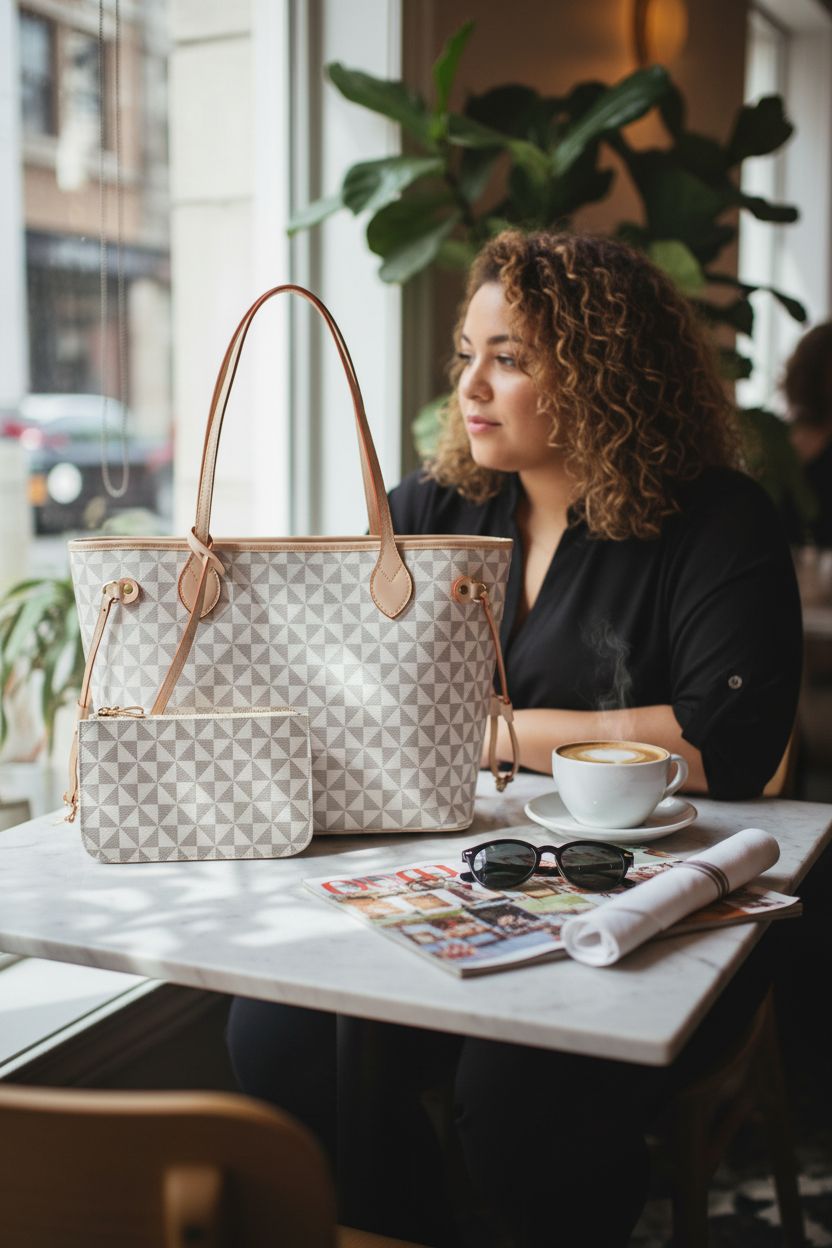 Lacel Urwebin tote on marble table with cappuccino, showcasing stylish designer vibes.