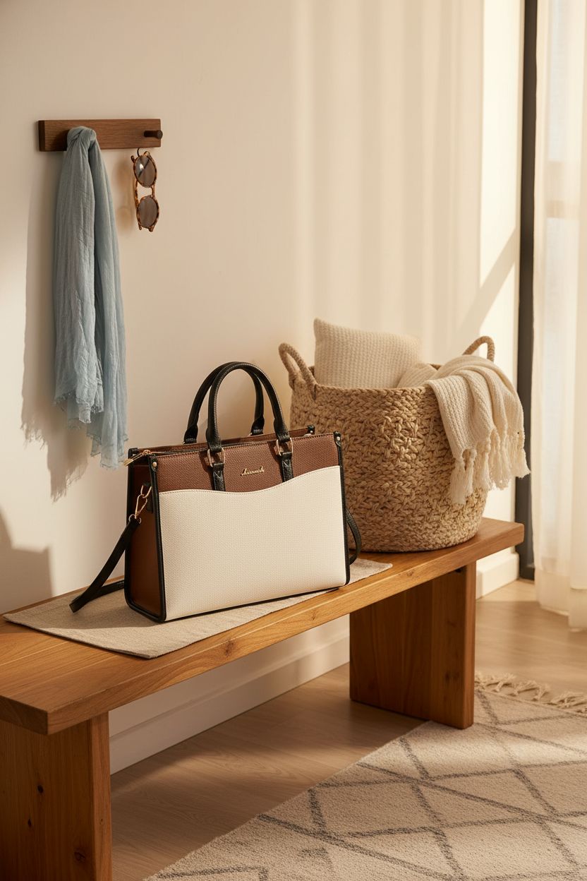 Cozy apartment entryway with LOVEVOOK bag on a bench, highlighting convenience and style.