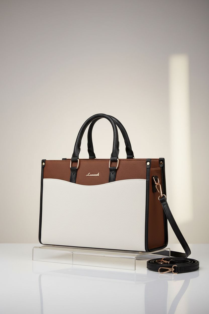 LOVEVOOK PU leather handbag on a studio backdrop, featuring detailed stitching and design.