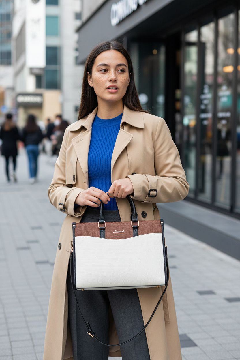 LOVEVOOK stylish tote bag in PU leather on a sidewalk, showcasing zipper and hardware.