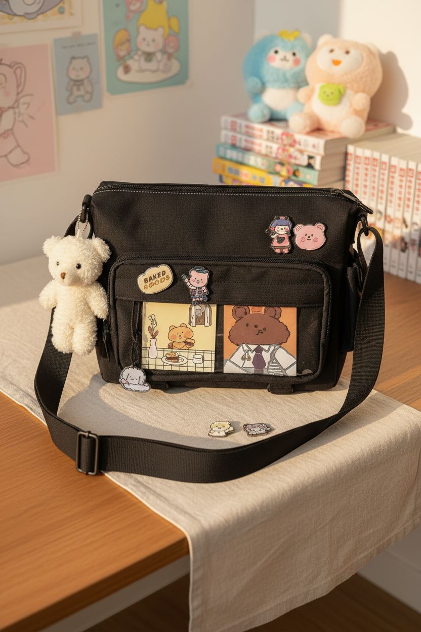 Ita Bag Crossbody by MILLEVIBE in a cozy collector's corner, featuring a clear window for display.
