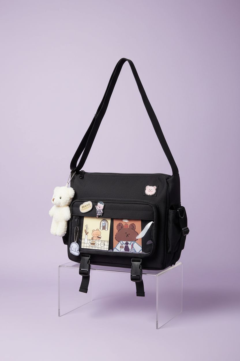Product shot of MILLEVIBE Ita Bag Crossbody on a pastel background, showcasing its clear window design.