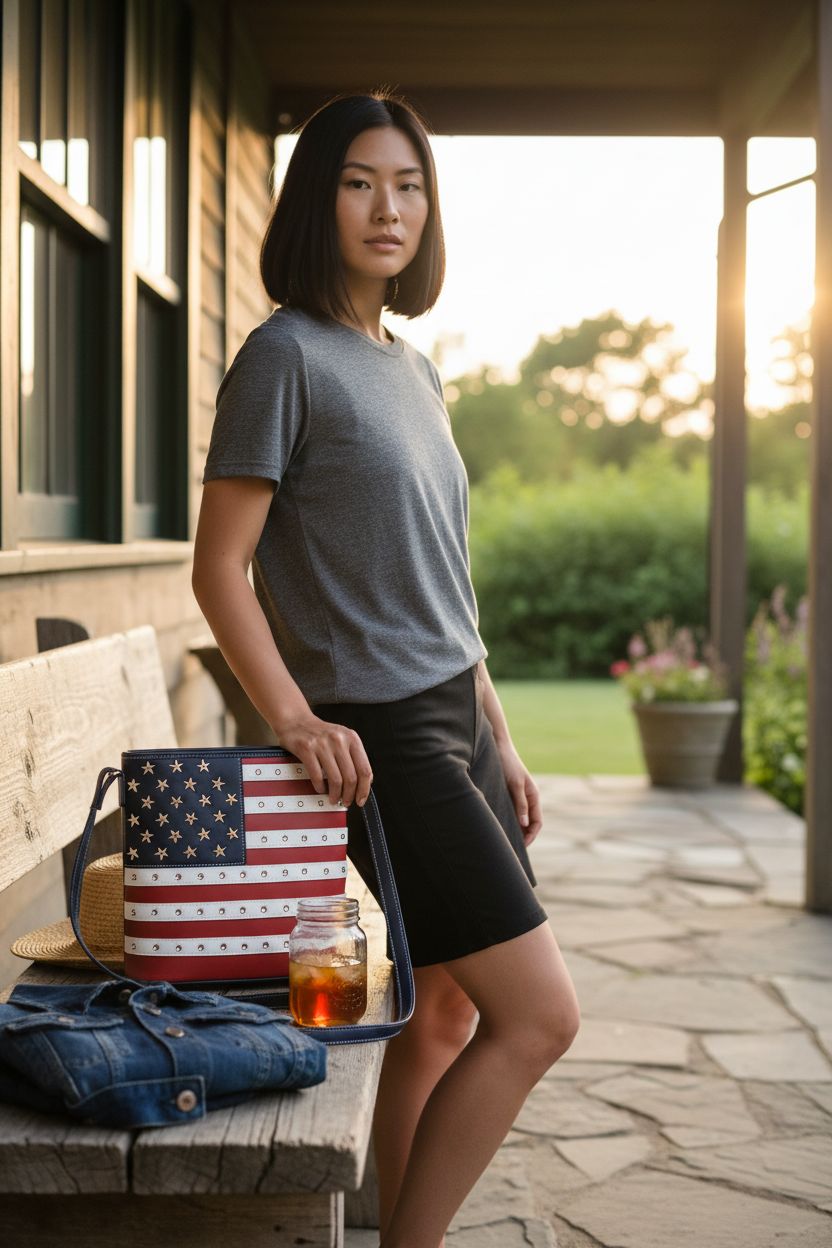 Stylish WESTERN ORIGIN American flag purse resting on a porch, showcasing its elegance.