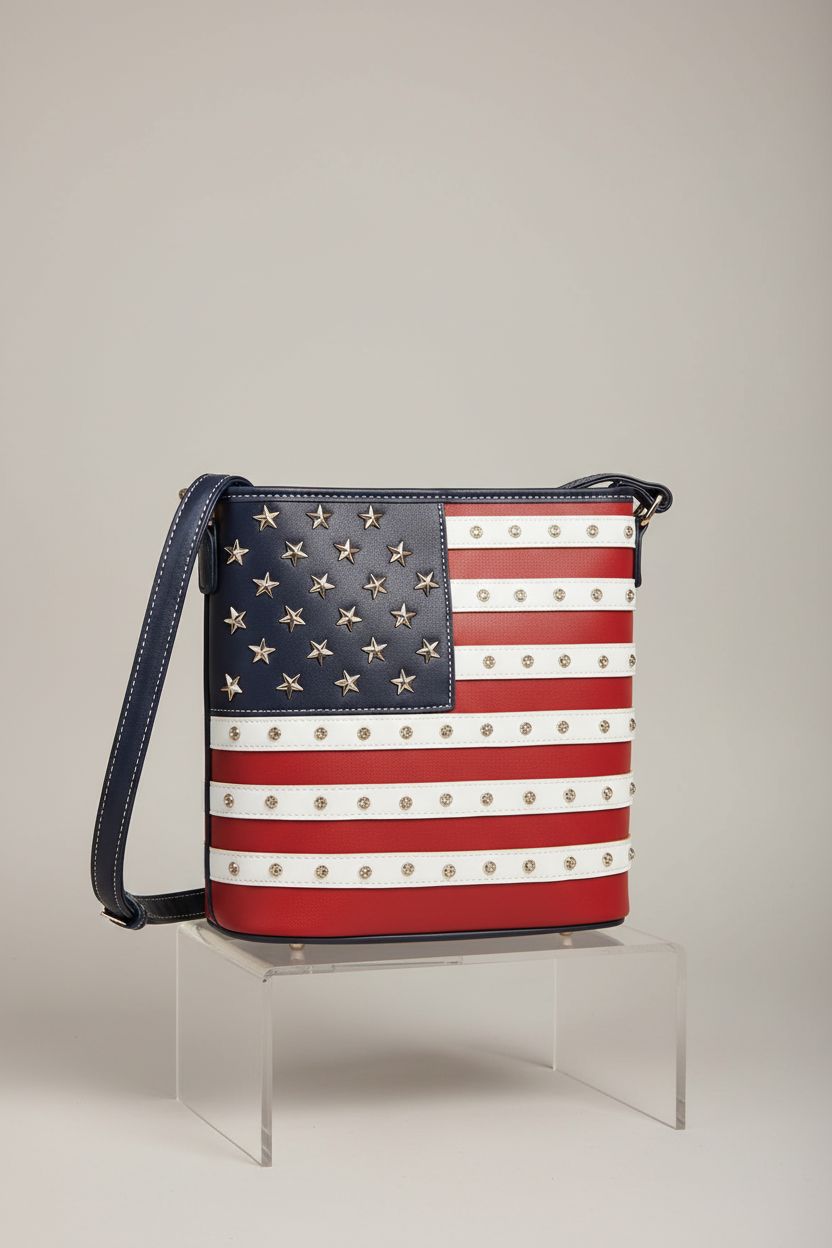 WESTERN ORIGIN American flag purse displayed on a studio set, highlighting its design details.
