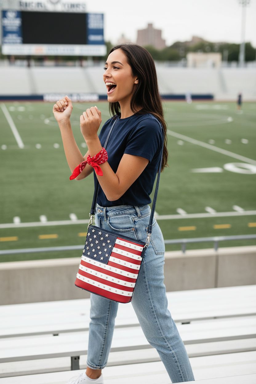 WESTERN ORIGIN crossbody handbag featuring stars and stripes design, ideal for game days.