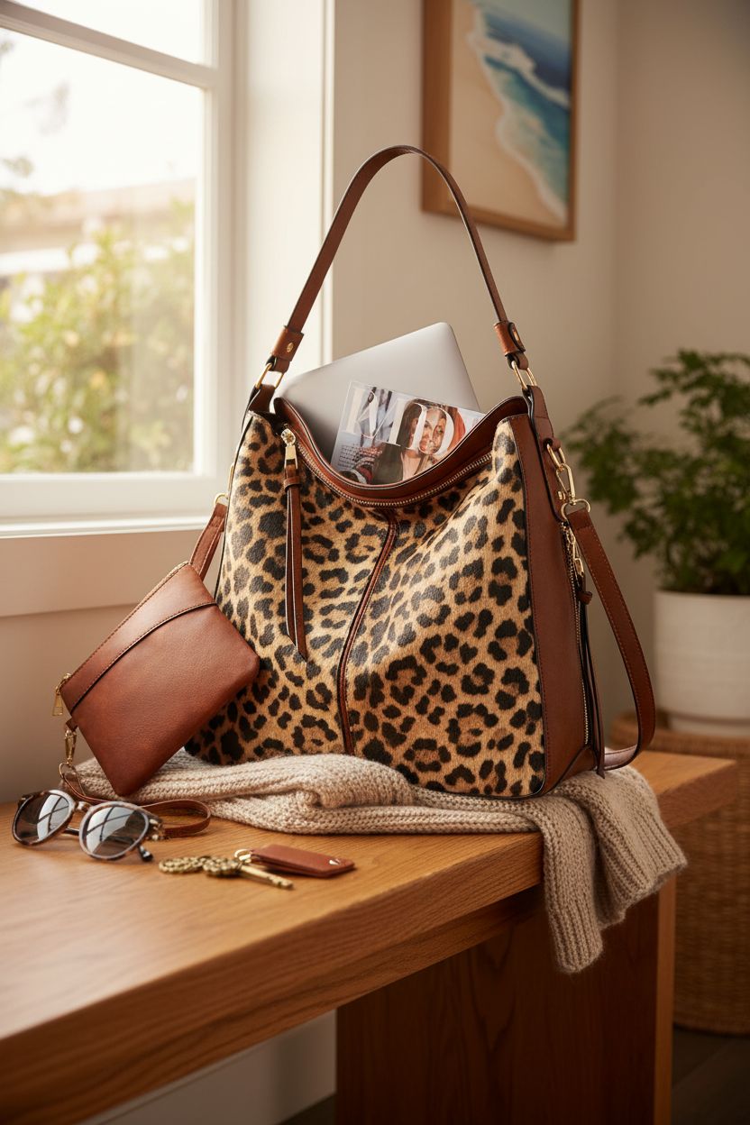 YeLoveHaw leopard hobo tote on cozy oak bench, surrounded by a scarf, laptop, and magazine, illustrating spaciousness.