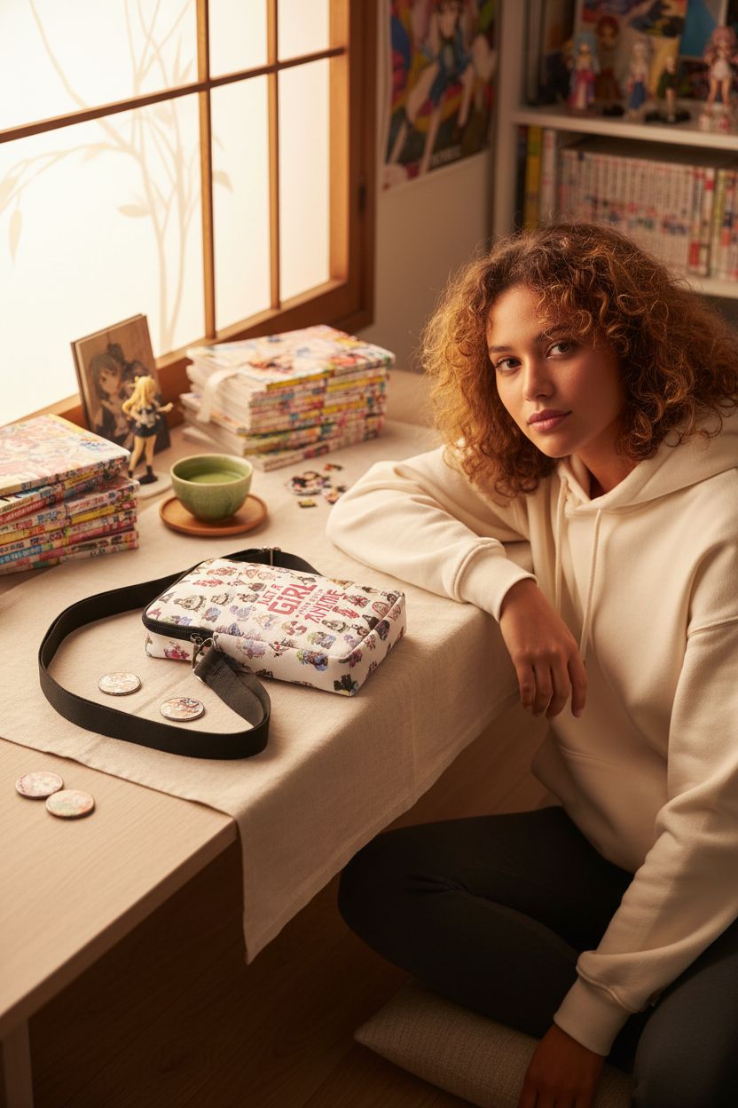 Wenboco anime crossbody bag resting in a cozy, sunlit anime-themed bedroom.