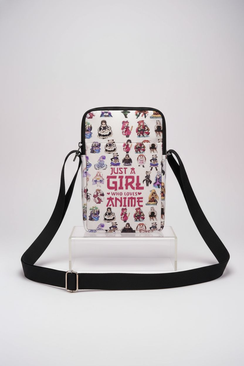 Wenboco anime crossbody bag showcased on acrylic riser, highlighting quality and design.