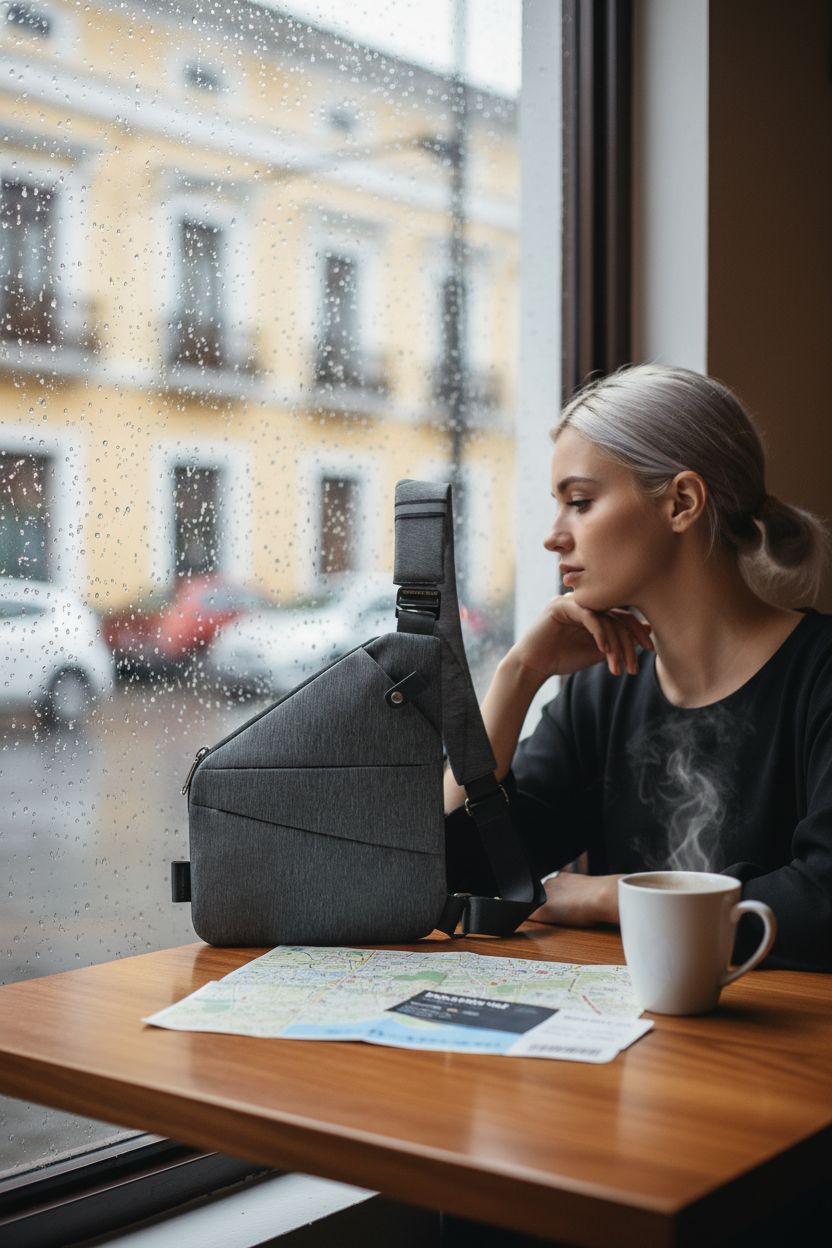 WANDER PLUS Anti Theft Crossbody Bag resting on a cozy café table beside a map and cup.