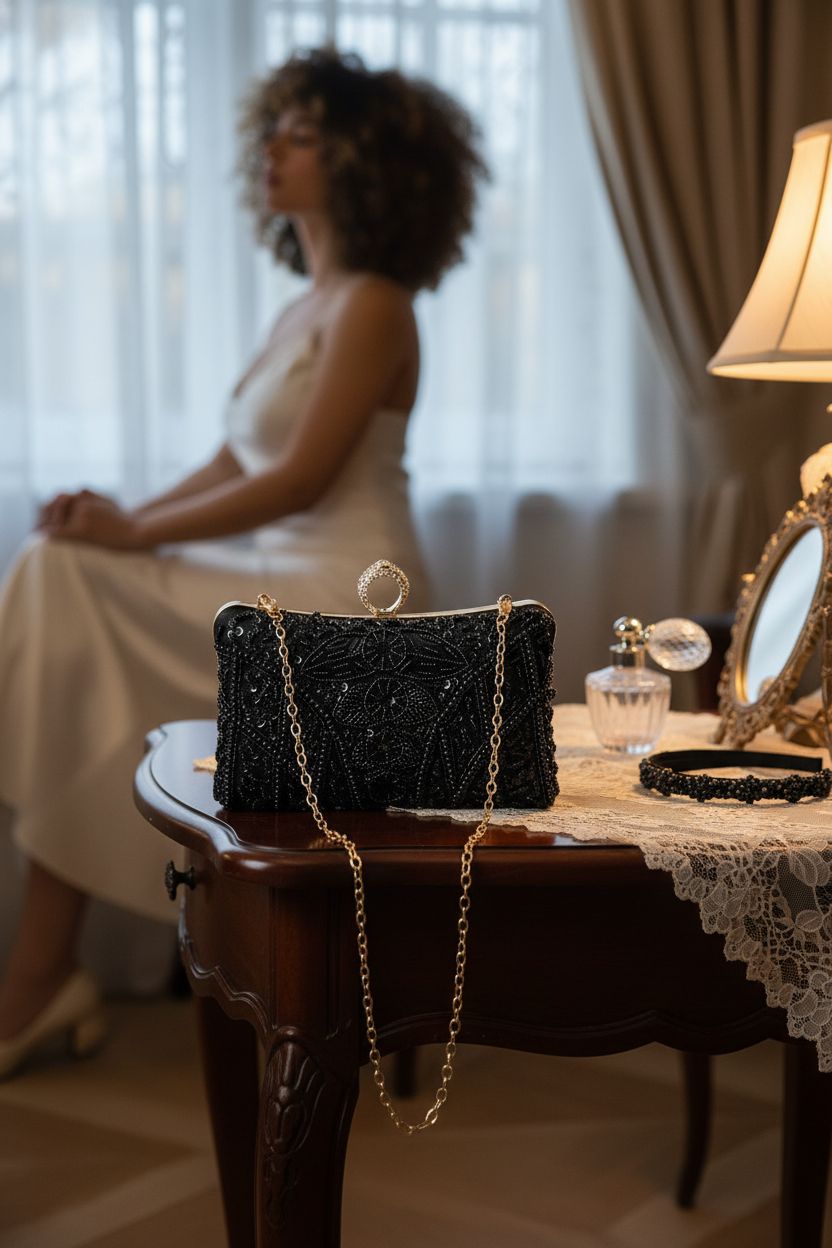 Cozy setting with a black beaded purse by BABEYOND on a vintage vanity.