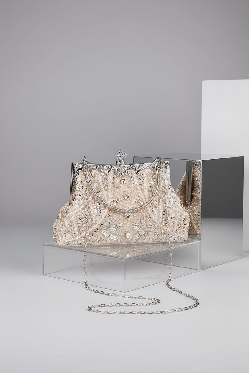 Amylove light pink beaded clutch showcased on a gray background, emphasizing its elegant design