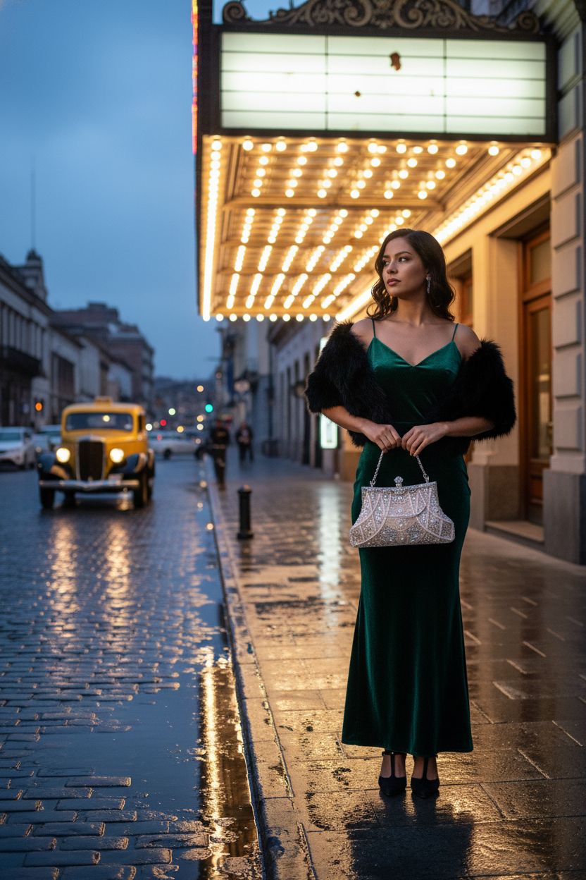 Amylove 1920s vintage beaded clutch in light pink, styled with a velvet gown and faux-fur stole