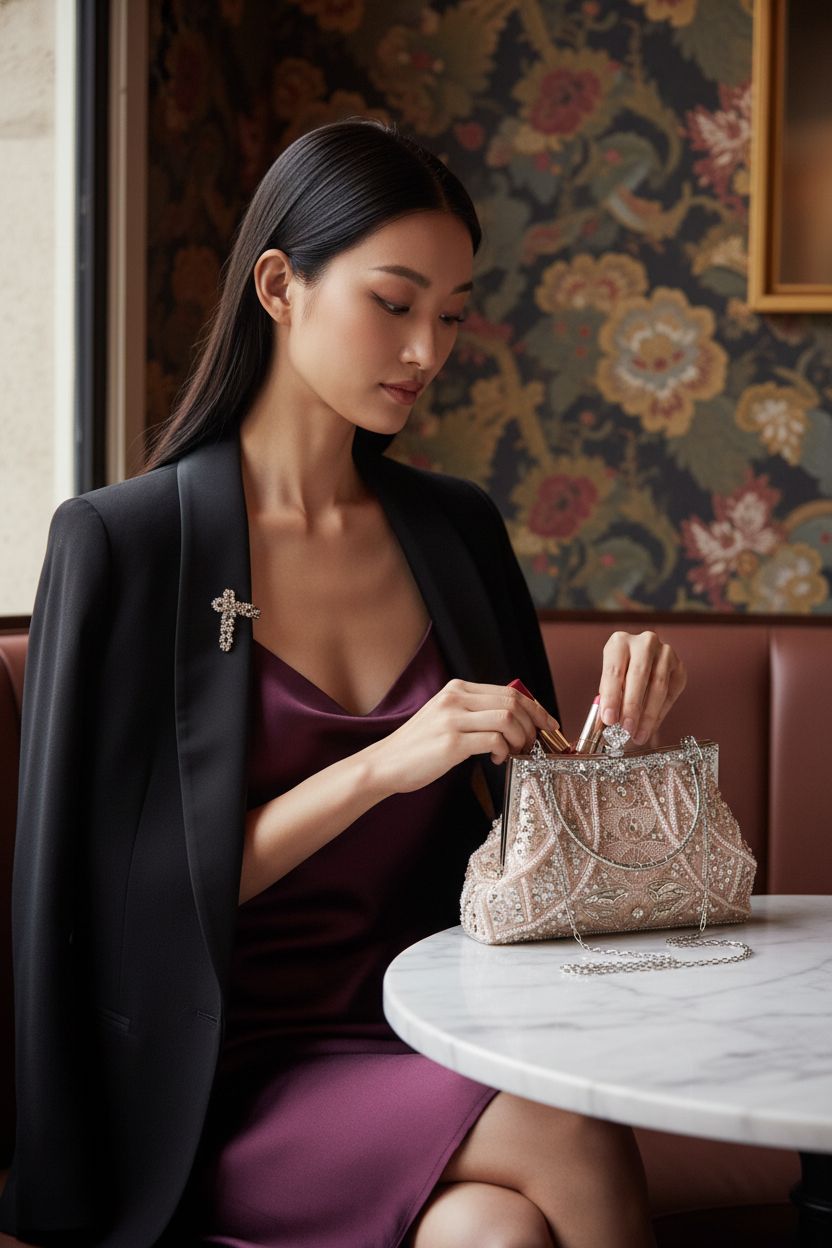 Light pink beaded clutch by Amylove, perfect for a stylish night out in a chic lounge setting