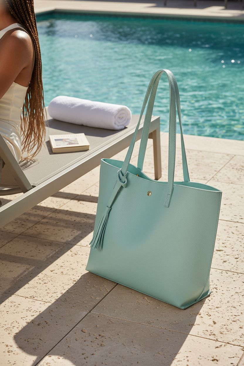 Dreubea aquamarine tote bag by a poolside, enhancing a relaxed summer vibe.