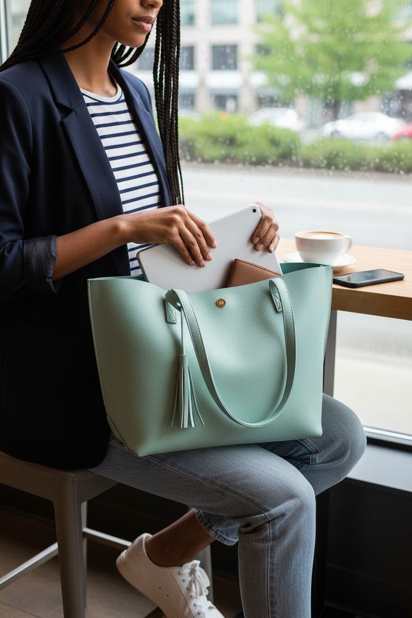 Dreubea aquamarine tote bag with tablet and notebook, ideal for café work breaks.