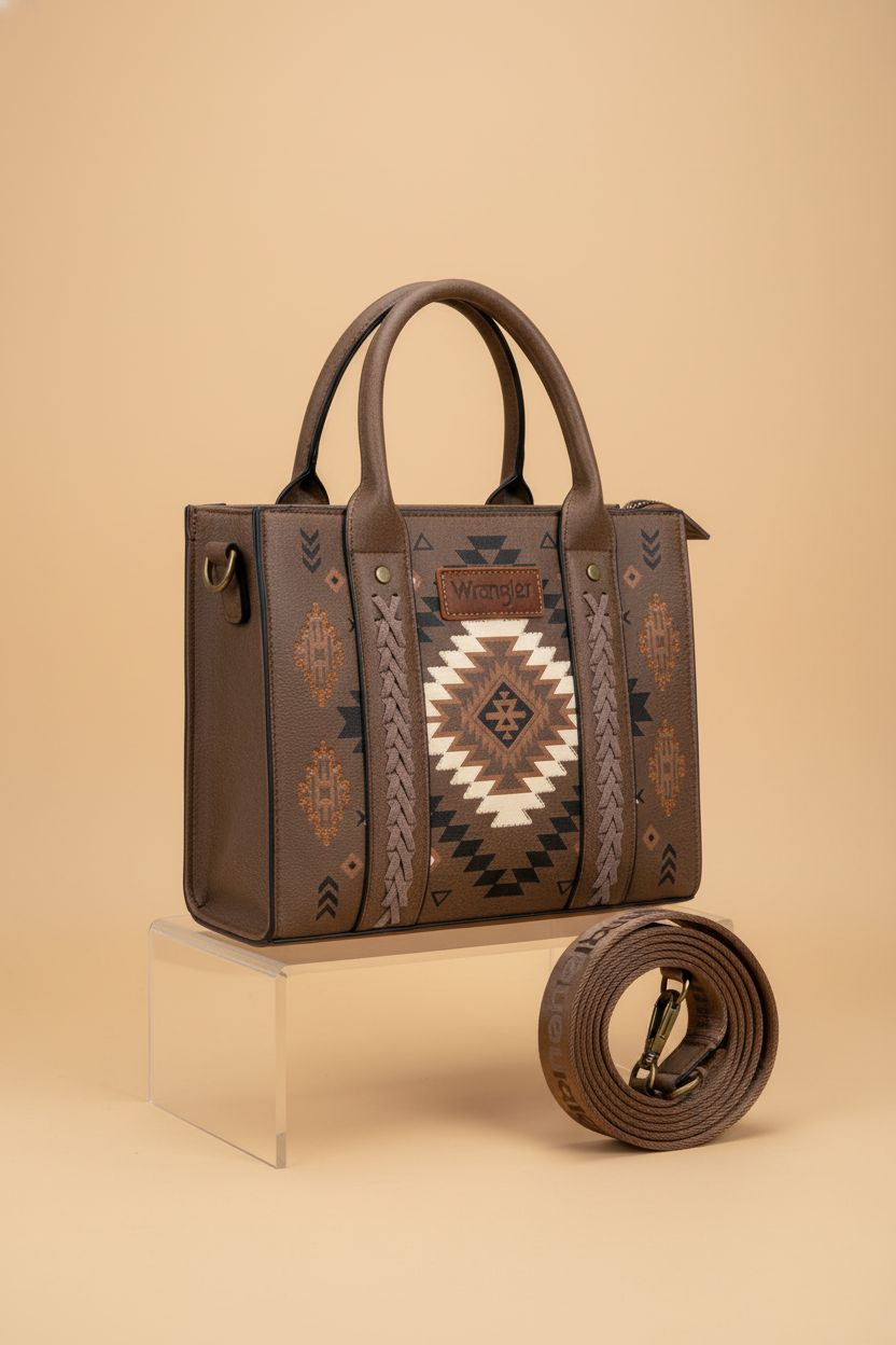Close-up of Wrangler Aztec Tote Bag on a seamless backdrop, focusing on quality craftsmanship and details.