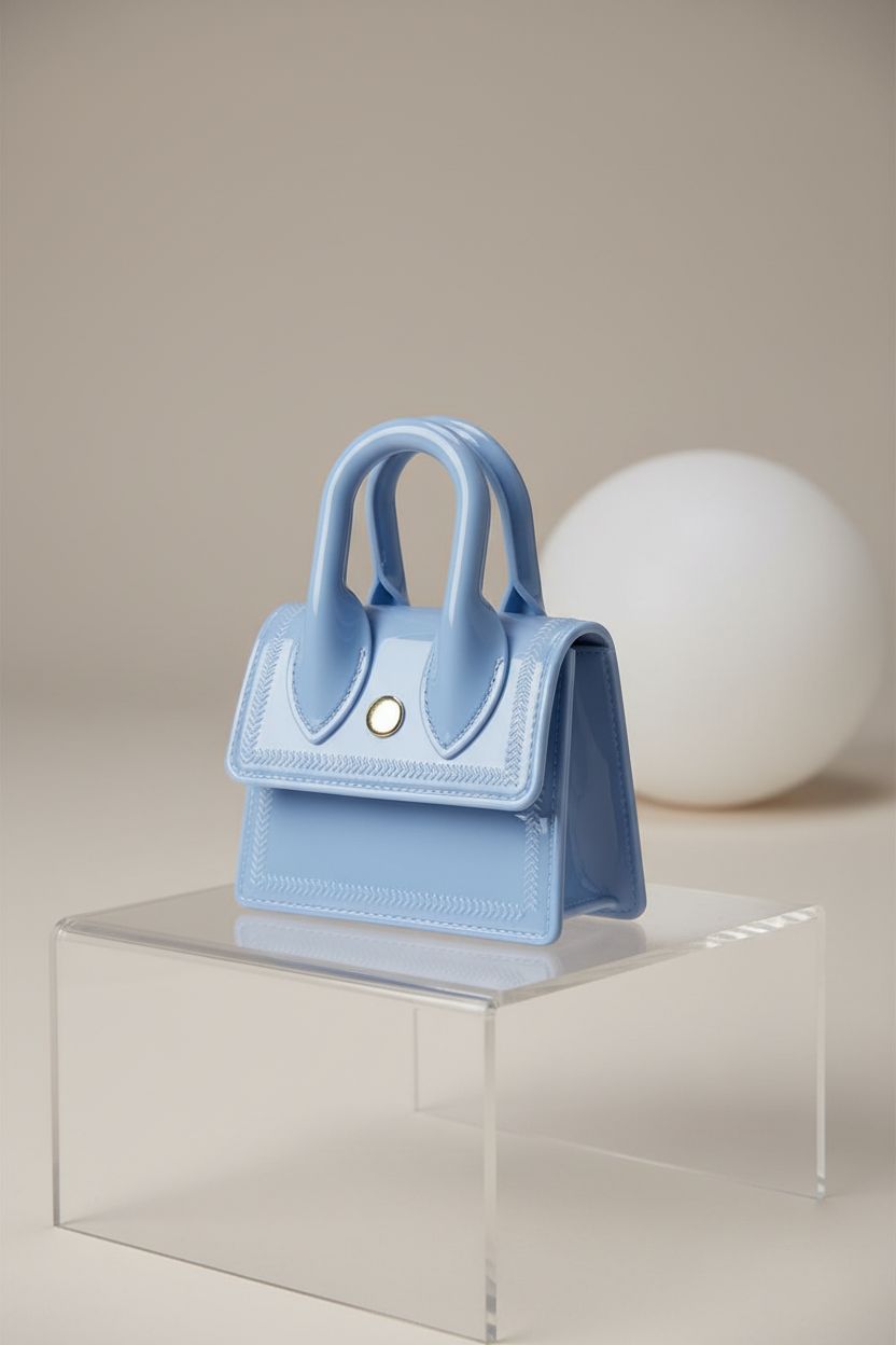 Canpto baby blue mini purse displayed on acrylic riser, highlighting its design.