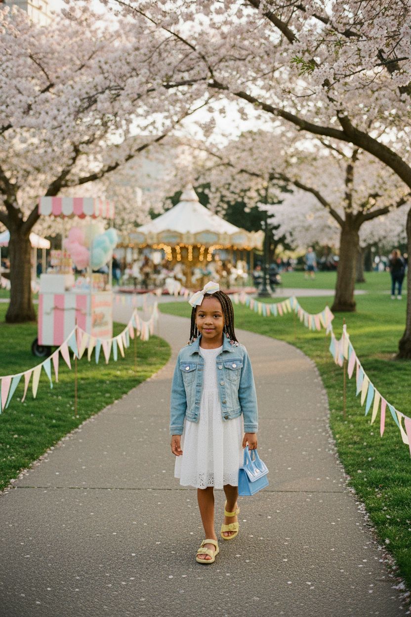 Canpto baby blue crossbody bag for kids, stylish against a white dress in spring park.