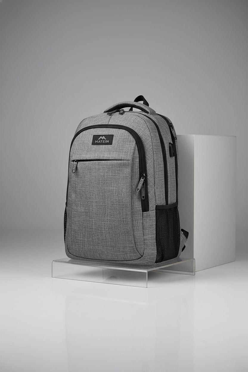 MATEIN sleek grey laptop backpack displayed in a studio, highlighting its stylish design and durable material.
