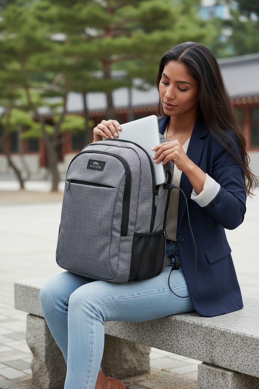 MATEIN grey travel laptop backpack on a university bench, showcasing USB charging port and laptop compartment.