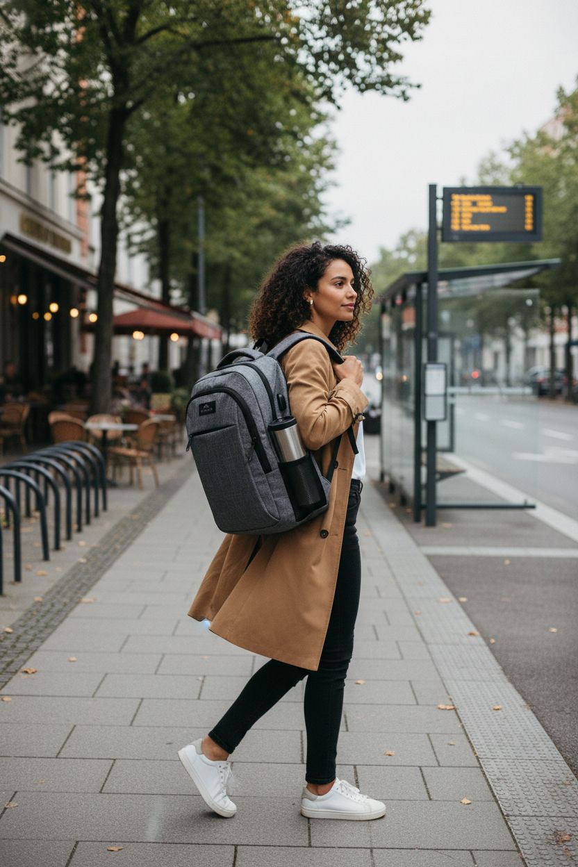 MATEIN grey backpack worn on both shoulders, perfect for commuting with a reusable tumbler in the side pocket.