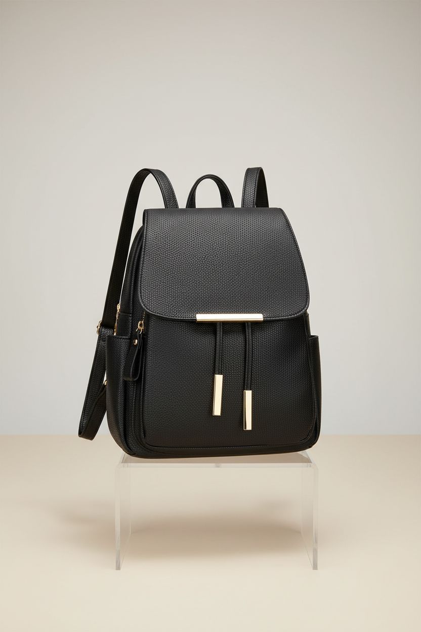 KKXIU black leather backpack purse on a studio set, highlighting precision stitching and gold accents.