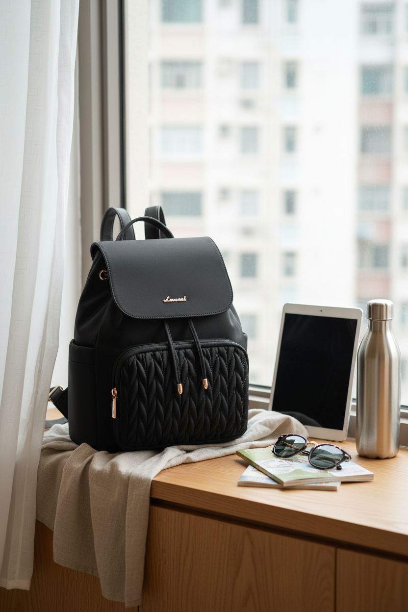 LOVEVOOK Mini Backpack on a cozy oak bench, showcasing its stylish quilted design for weekend planning
