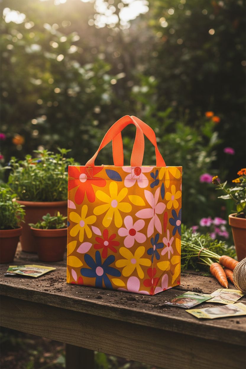 Blue Q Handy Tote Bag resting on a potting bench in a garden, emphasizing its recycled materials and vibrant design.