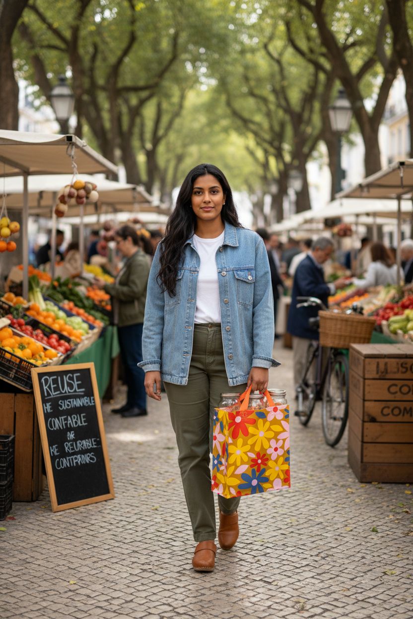 Blue Q Handy Tote Bag with Groovy Flowers at a bustling market, showcasing 95% recycled material.