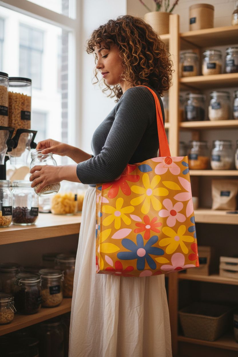 Colorful Blue Q Handy Tote Bag in a refill shop, highlighting its roomy recycled canvas design.