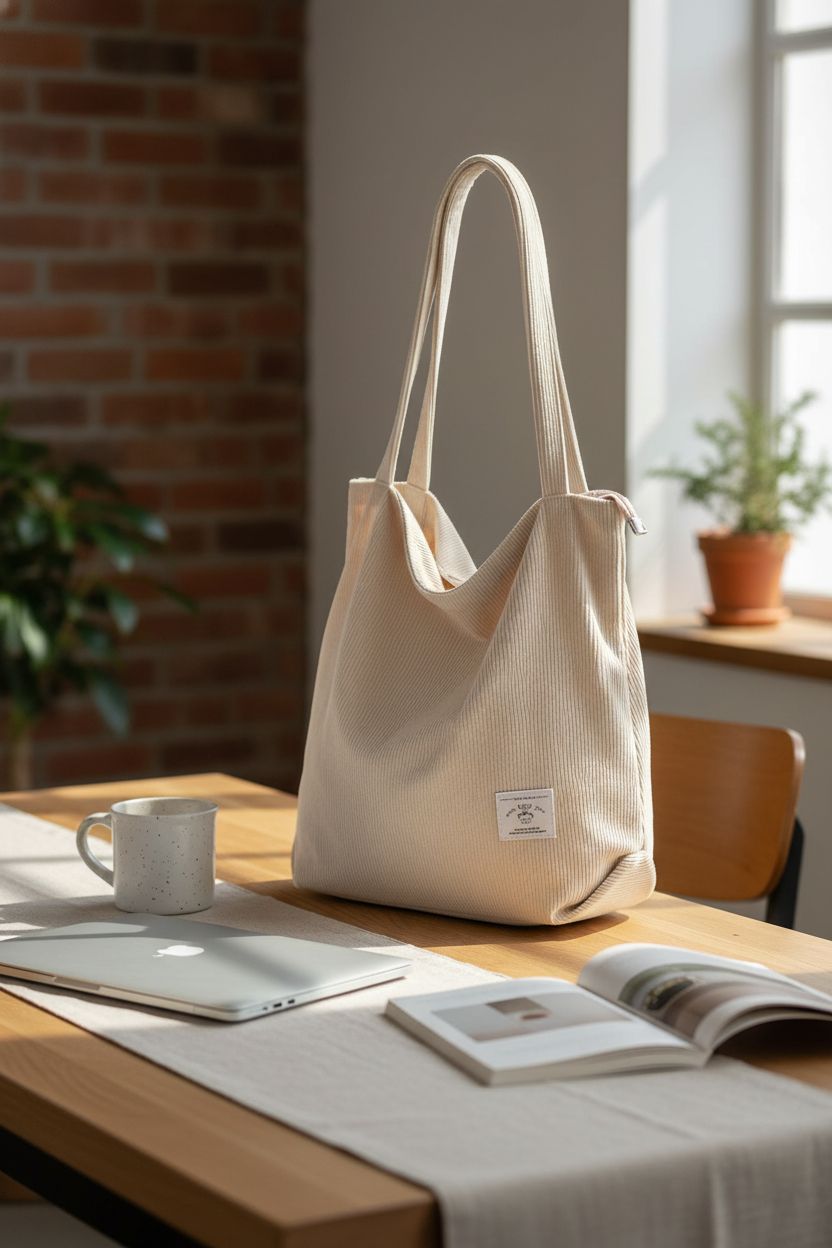KALIDI cream white corduroy tote bag on a café table next to a laptop and mug, perfect for work